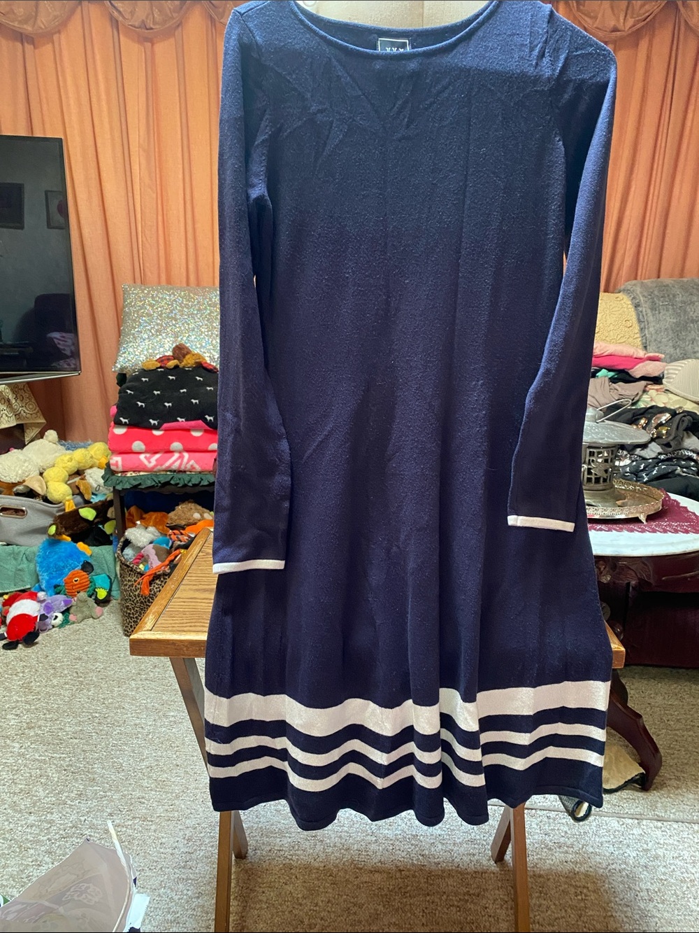 Jr small navy Long-Sleeve A-Line Sweater Dress with White Stripe Hem